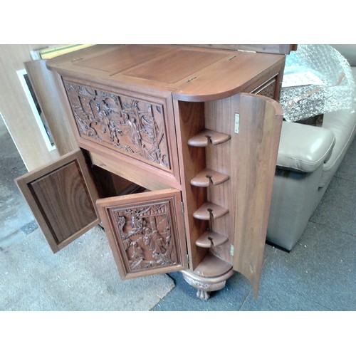 5 - LOVELY ORNATE CARVED HOME BAR WITH OPENING DOORS & MIRRORED SECTION AND SLIDING TRAY - 90CMS W X 105... 