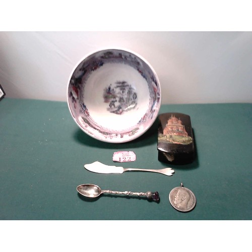 122 - EARLY BOWL, RUSSIAN BOX, RUSSIAN COIN, & 2 X SILVER HALLMARKED UTENSILS