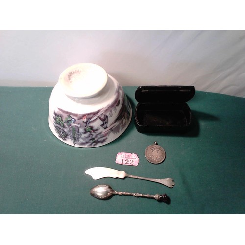 122 - EARLY BOWL, RUSSIAN BOX, RUSSIAN COIN, & 2 X SILVER HALLMARKED UTENSILS