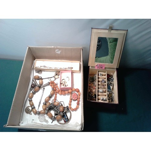 128 - BOX OF LOVELY COSTUME JEWELLERY INC BEAUTIFUL EARLY 9CT GOLD PENDANT SET AMETHYSTS AND SEED PEARLS ,... 