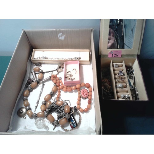 128 - BOX OF LOVELY COSTUME JEWELLERY INC BEAUTIFUL EARLY 9CT GOLD PENDANT SET AMETHYSTS AND SEED PEARLS ,... 