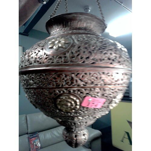 174 - DECORATIVE COPPER & BRASS EASTERN STYLE CEILING CANDLE HOLDER - 50CMS DROP