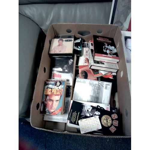 281 - LARGE BOX OF ELVIS MEMORABILIA INC PICTURES, BOOKS CDS ETC