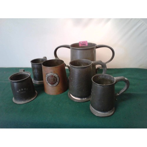 306 - 6 X VINTAGE 1930S /1940S PEWTER TANKARDS