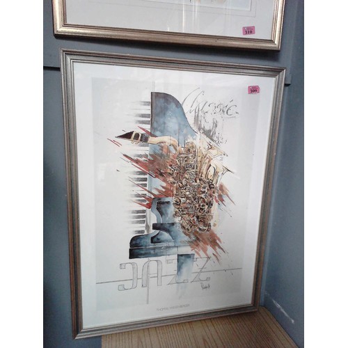 309 - LARGE FRAMED & GLAZED JAZZ PICTURE - SIGNED & DATED 1990 - 65CMS X 85CMS - COLLECTION ONLY OR ARRANG... 