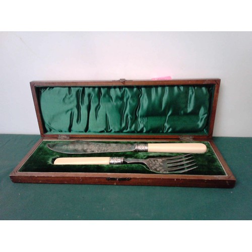 480 - EARLY BOXED FISH SLICE SET WITH SILVER HALLMARKED COLLARS