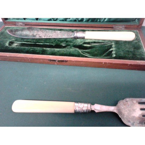 480 - EARLY BOXED FISH SLICE SET WITH SILVER HALLMARKED COLLARS