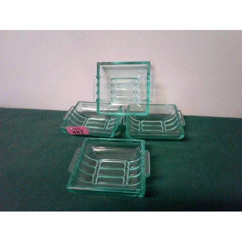 482 - 4 X LOVELY GREEN GLASS ASHTRAYS - 10CMS SQUARE