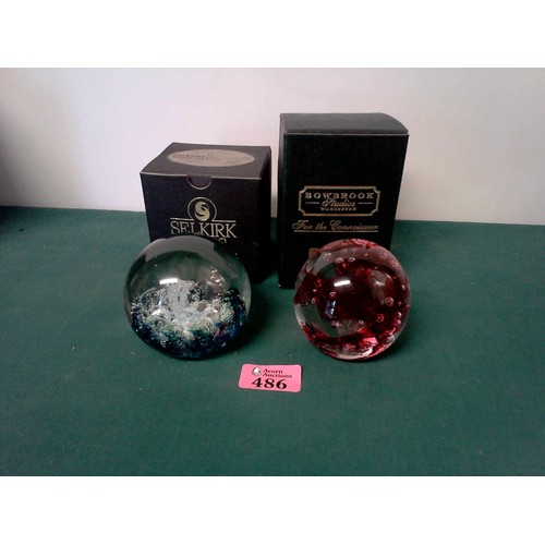 486 - BOXED BOWBROOK PAPERWEIGHT & 1 X BOXED SELKIRK GLASS PAPERWEIGHT