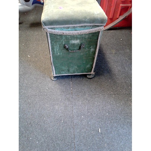 498 - VINTAGE LINEN BOX IN GREEN VELOUR UPHOLSTERY WITH METAL CLAW FEET AND HANDLES -55CMS W X 52CMS H X 4... 