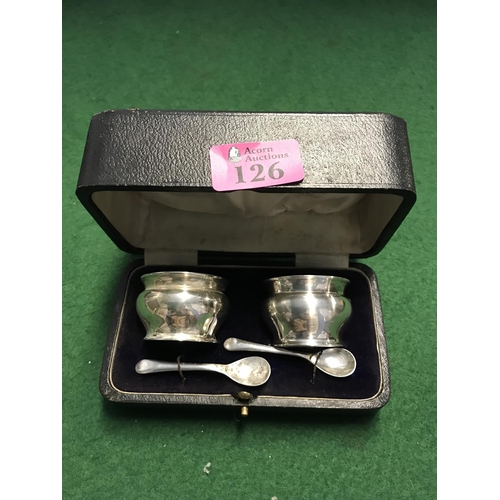 126 - CASED PAIR OF SILVER SALTS WITH A PAIR OF EPNS SALT SPOONS