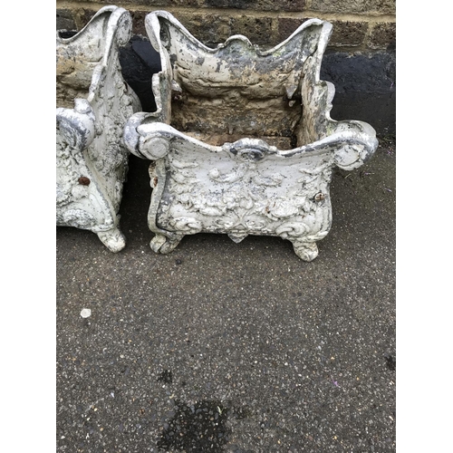 14 - PAIR OF VERY ORNATE FRENCH METAL PLANTERS - 38CMS SQUARE - COLLECTION ONLY OR ARRANGE OWN COURIER