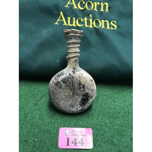 144 - EARLY ROMAN 3RD CENTURY ROMAN MOULD BLOWN IRREDESCENT GLASS FLASK - 10CMS H