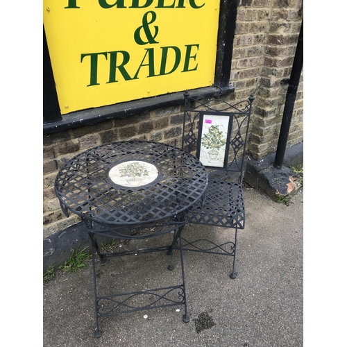 16 - BEAUTIFUL HEAVY METAL FOLDING GARDEN BISTRO TABLE AND MATCHING CHAIR - CENTRE WITH INSET TILE - COLL... 