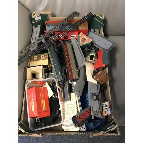 163 - 2 X BOXES OF RAILWAY ITEMS INC TRACK, BUILDINGS, CARRIAGES ETC