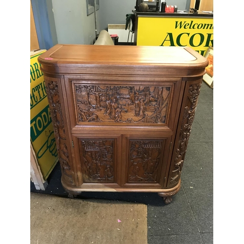 7 - BEAUTIFUL ORIENTAL STYLE HEAVILY CARVED HOME BAR - SIDE PANELS OPEN, FRONT OPENS & TOP OPENS - STAND... 