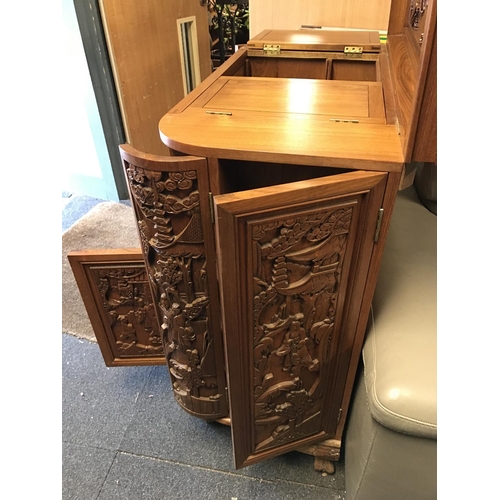 7 - BEAUTIFUL ORIENTAL STYLE HEAVILY CARVED HOME BAR - SIDE PANELS OPEN, FRONT OPENS & TOP OPENS - STAND... 