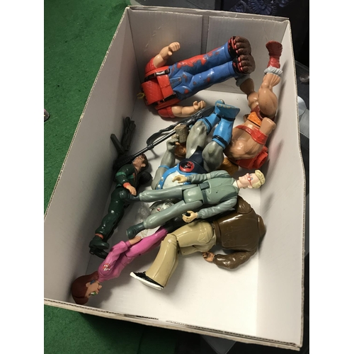 195 - BOX OF APPROX 25 VARIOUS VINTAGE TOY FIGURES FROM GHOST BUSTERS ETC