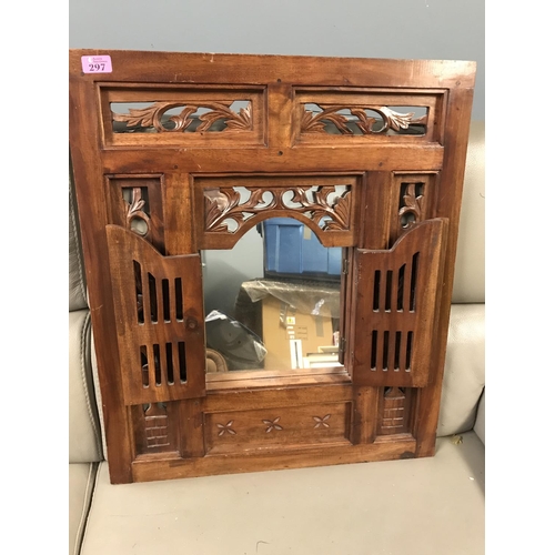 297 - LOVELY LARGE WOODEN MIRROR WITH FRETWORK & SHUTTERS TO FRONT - 60CMS X 70CMS - COLLECTION ONLY OR AR... 