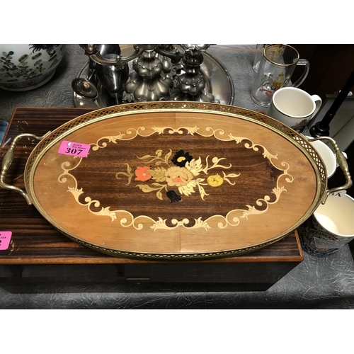 307 - SMALL DECORATIVE WOODEN TRAY WITH BRASS BANDING - 40CMS X 23CMS OVERALL