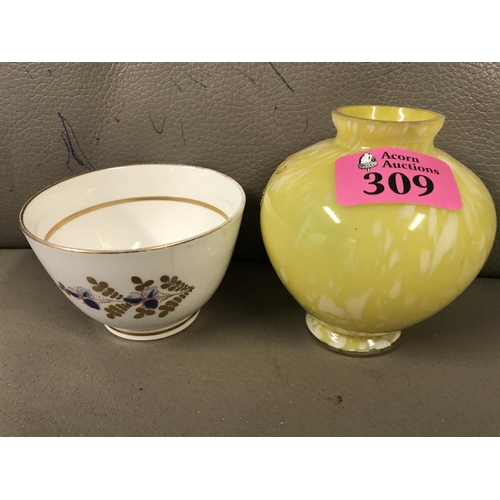 309 - 3 X DECORATIVE YELLOW GLASS VASES WITH OVERLAY & EARLY COLEPORT BOWL