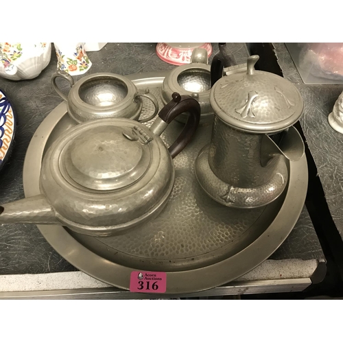 316 - PEWTER TEA SET ON TRAY