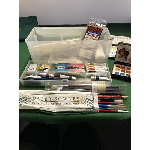 327 - CARRY CASE OF ARTIST MATERIALS, OIL PAINTS, BRUSHES ETC