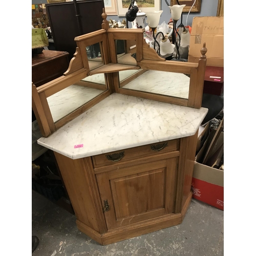 330 - LOVELY PINE CORNER WASH STAND WITH MARBLE TOP & MIRROR UPSTAND - 90CMS W X 70CMS APPROX - COLLECTION... 