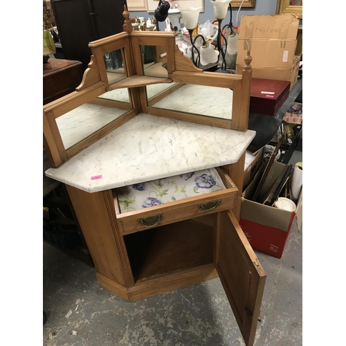 330 - LOVELY PINE CORNER WASH STAND WITH MARBLE TOP & MIRROR UPSTAND - 90CMS W X 70CMS APPROX - COLLECTION... 