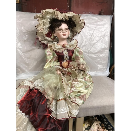 340 - BISQUE HEADED 1/2 DOLL WITH SOFT TORSO & BISQUE HANDS IN PRETTY CLOTHES - GREAT FOR DISPLAY