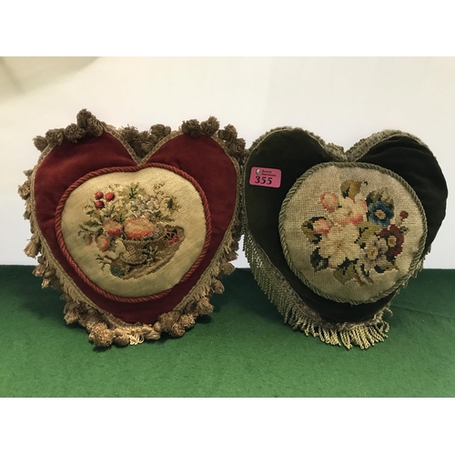 355 - 2 X BEAUTIFUL VINTAGE HEART SHAPED CUSHIONS WITH NEEDLE / BEAD WORK PANELS - 28CMS X 28CMS APPROX