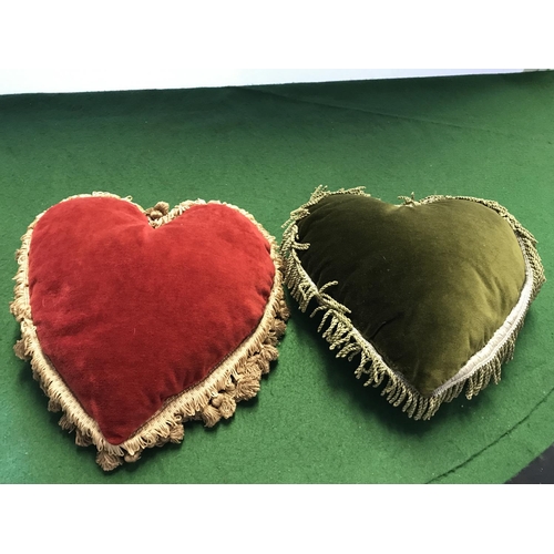 355 - 2 X BEAUTIFUL VINTAGE HEART SHAPED CUSHIONS WITH NEEDLE / BEAD WORK PANELS - 28CMS X 28CMS APPROX