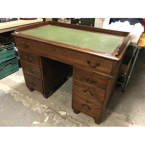 358 - 7 DRAWER VINTAGE KNEE HOLE DESK WITH GREEN LEATHER INSET TOP & UPSTAND - COMES IN 3 SECTIONS - 107CM... 