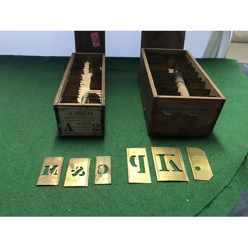 367 - 2 X WOODEN BOXES OF BRASS COMPARTMENT FONT INTERCHANGEABLE LOCK STENCILS MADE IN USA - APPROX 100