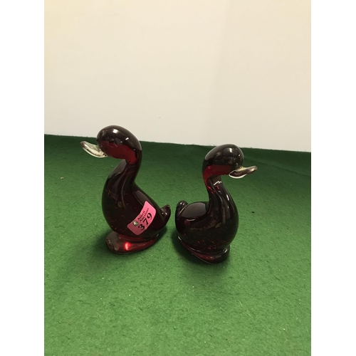 379 - PAIR OF VINTAGE RED WHITEFRIARS GLASS DUCKS 14CMS H APPROX -