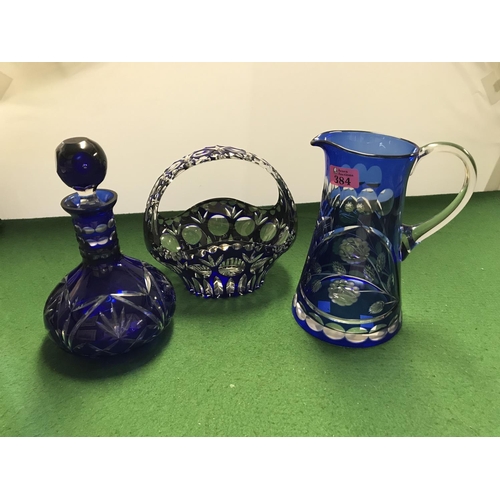 384 - 3 X LOVELY GLASS ITEMS - JUG & DECANTERS 24CMS H & BASKET 20CMS H