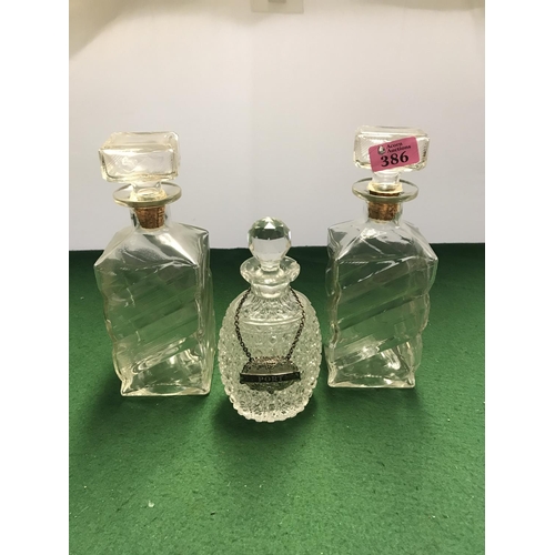 386 - 3 X VARIOUS GLASS DECANTERS INC PORT LABEL & 1 READS - IW HARPER USED FORBIDDEN BY FEDERAL LAW