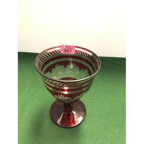 387 - LOVELY RUBY RED GLASS PEDESTAL BOWL - 19CMS H