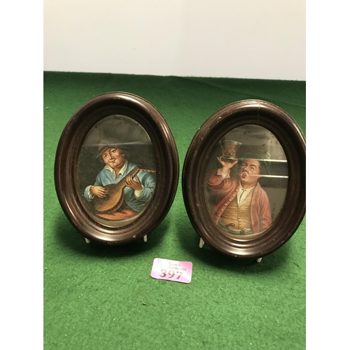 397 - PAIR OF BEUTIFUL MINIATURE WATERCOLOURS IN OVAL WOODEN FRAMES - C1850 -15CMS X 12CMS