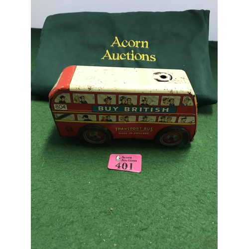 401 - EARLY TIN PLATE TOY BUS IN USED CONDITION