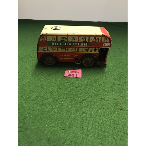 401 - EARLY TIN PLATE TOY BUS IN USED CONDITION