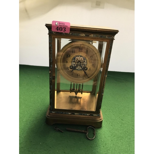 403 - BEAUTIFUL FRENCH CLOCK WITH 4 GLASS PANELS, ENAMEL PILLARS & ENAMEL CENTRE DIAL 8 DAY BRASS MOVEMENT... 