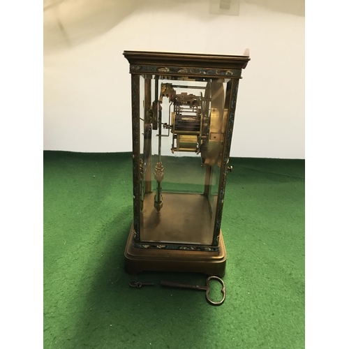 403 - BEAUTIFUL FRENCH CLOCK WITH 4 GLASS PANELS, ENAMEL PILLARS & ENAMEL CENTRE DIAL 8 DAY BRASS MOVEMENT... 