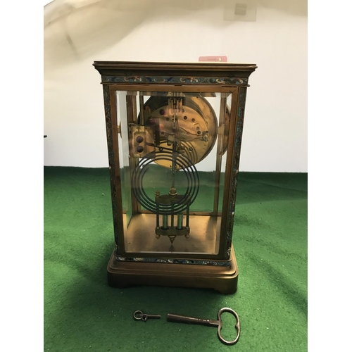 403 - BEAUTIFUL FRENCH CLOCK WITH 4 GLASS PANELS, ENAMEL PILLARS & ENAMEL CENTRE DIAL 8 DAY BRASS MOVEMENT... 