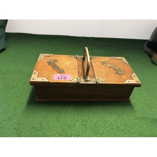 410 - VINTAGE WOODEN DOUBLE DOOR OPENING CIGARETTE BOX - 25CMS X 13CMS