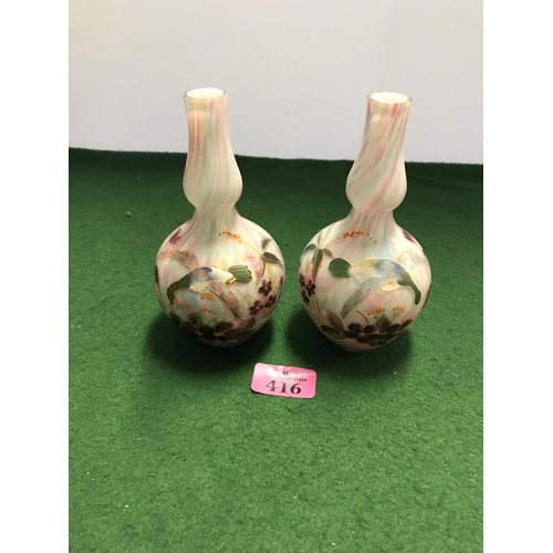 416 - PAIR OF SMALL VINTAGE GLASS VASES - HIGHLY DECORATED & HAND PAINTED - 16CMS H