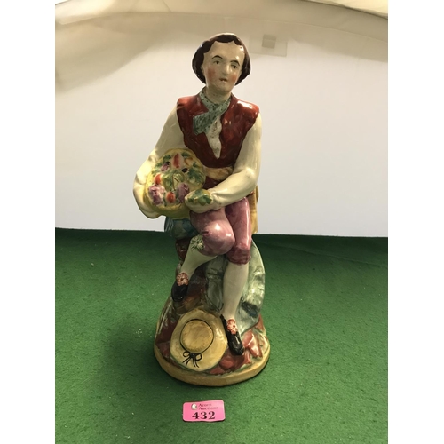 432 - LARGE VINTAGE STAFFORDSHIRE FIGURE OF A BOY WITH FRUIT BASKET - 34CMS