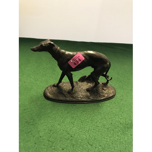 434 - BRONZED SPELTER GREYHOUND ON BASE - PROBABLY FRENCH 19TH C - 16CMS X 25CMS