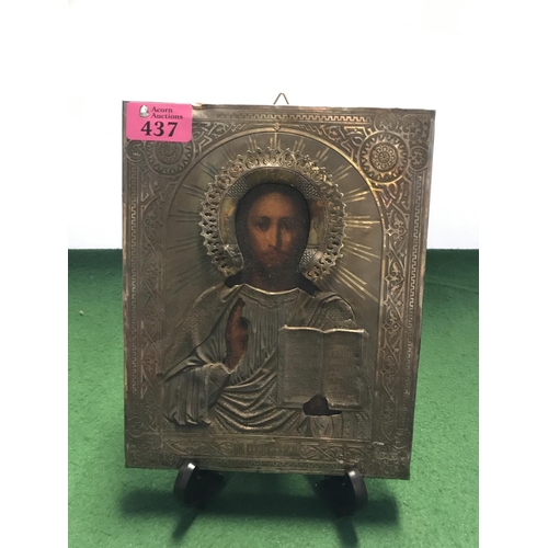 437 - EARLY RUSSIAN LOW GRADE SILVER CHURCH ICON C1800 - 18CMS X 23CMS