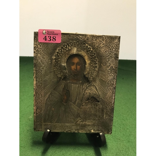 438 - EARLY RUSSIAN LOW GRADE SILVER CHURCH ICON C1800 - 15CMS X 18CMS